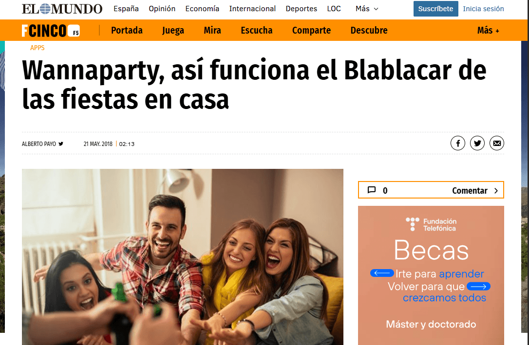 Recorte de El Mundo: “Wannaparty, así funciona el Blablacar de las fiestas en casa”, 21 de mayo de 2018.